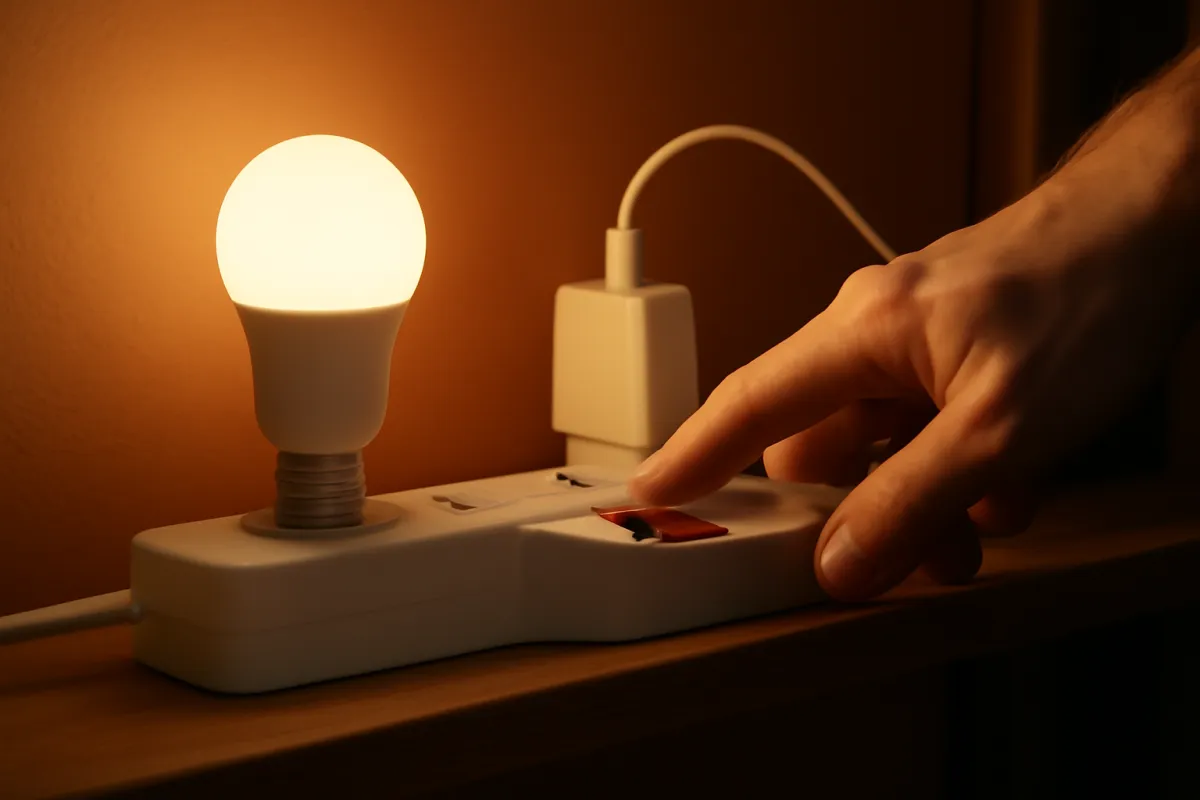 A hand reaching for the switch on a power strip with a lit LED bulb and a charger plugged into it, on a shelf in a warm home interior