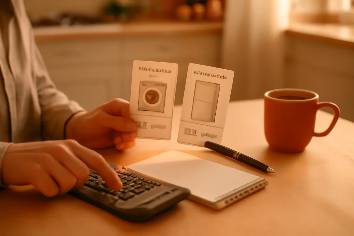 A person at a kitchen table using a calculator and notepad to compare two illustrative option cards in warm light