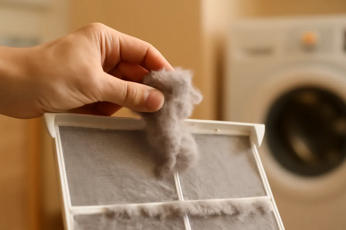 A hand pulling grey lint from a dryer lint filter screen, close up, with a softly blurred laundry room behind