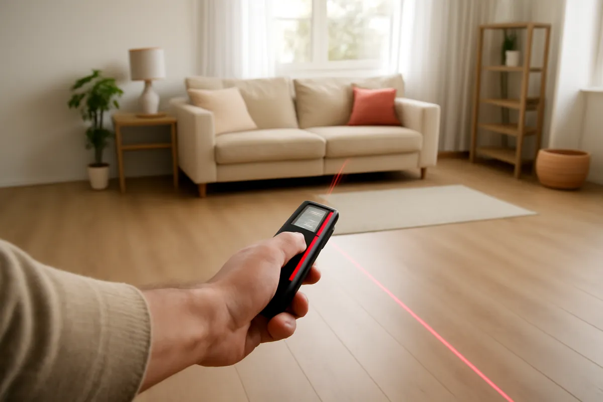 A person measuring the length of a bright room floor with a laser tape measure in natural daylight