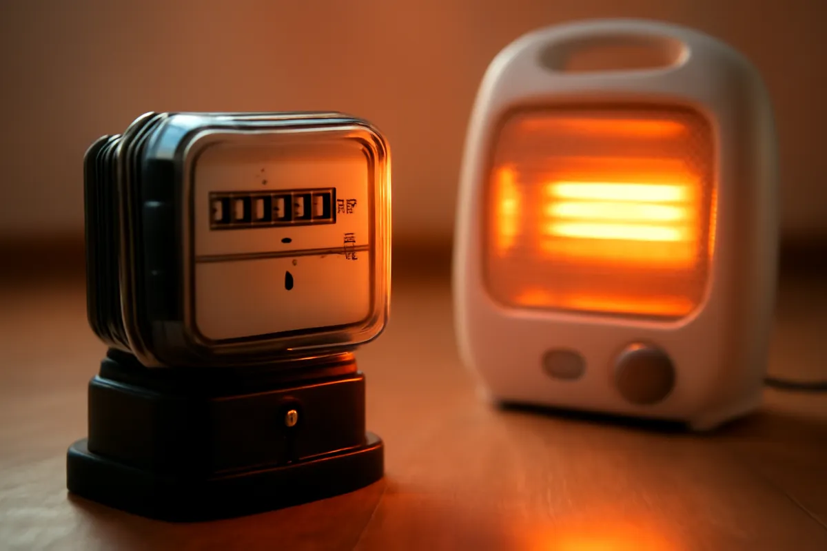A home electricity meter beside a small electric appliance on a floor in warm light, standing in for the running cost every plugged-in device adds up
