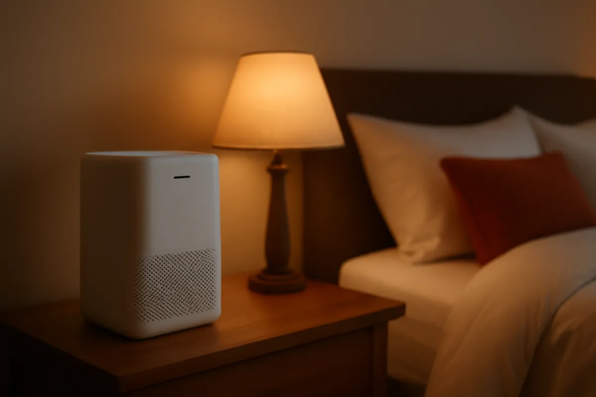 A compact white air purifier on a nightstand beside a made bed at dusk