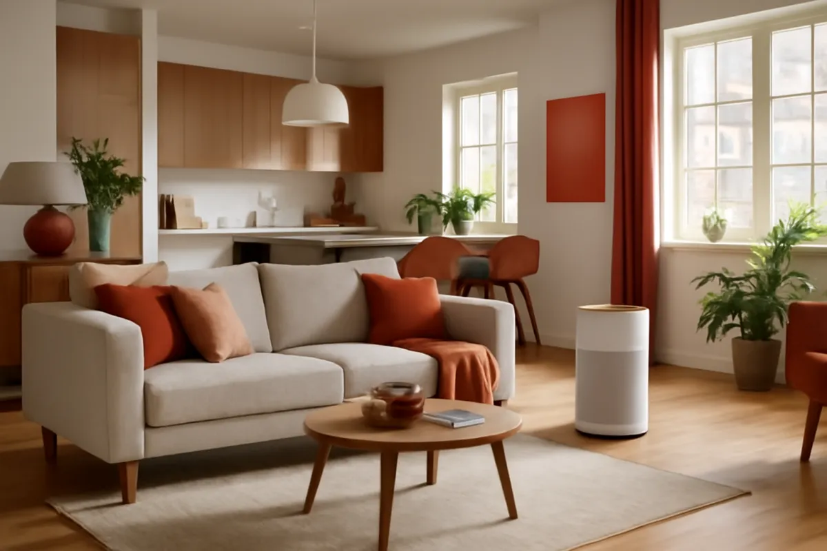 A modern open-plan living and kitchen space treated as one large connected room with an air purifier running