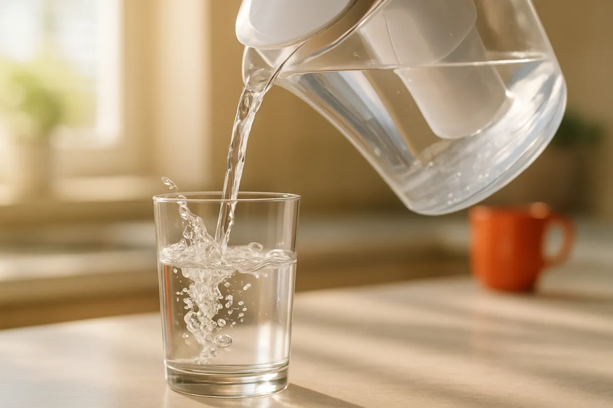 Water poured from a clear filter pitcher into a glass on a sunlit kitchen counter, with an orange mug in the background
