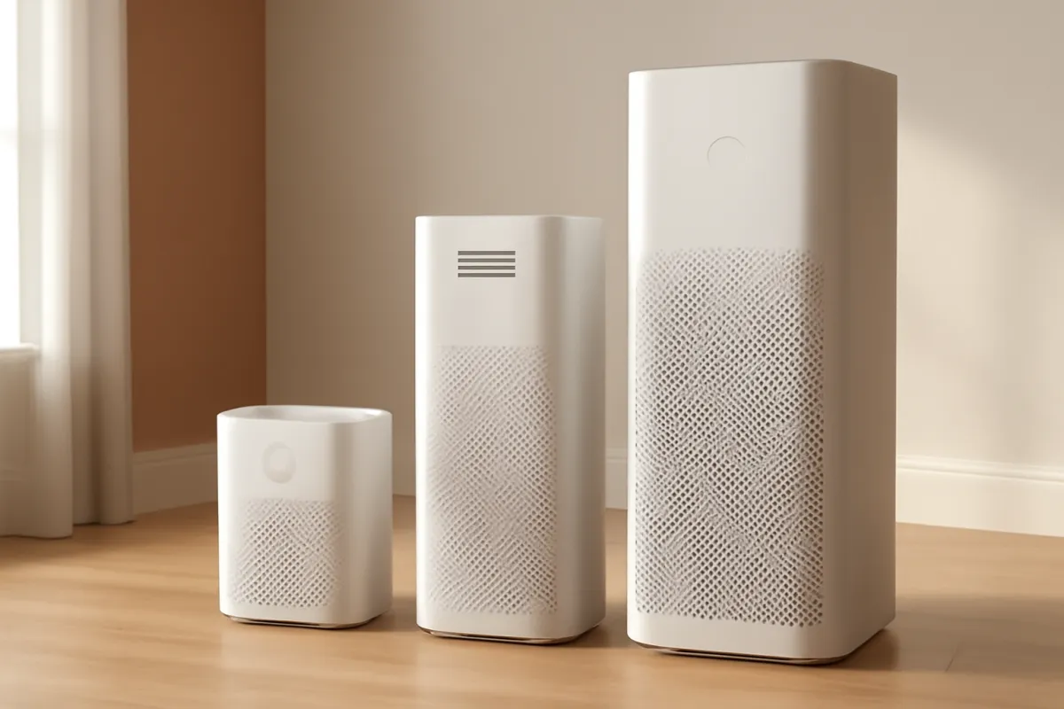 Three white appliances of increasing size lined up on a wood floor against a plain wall, each with a perforated front panel