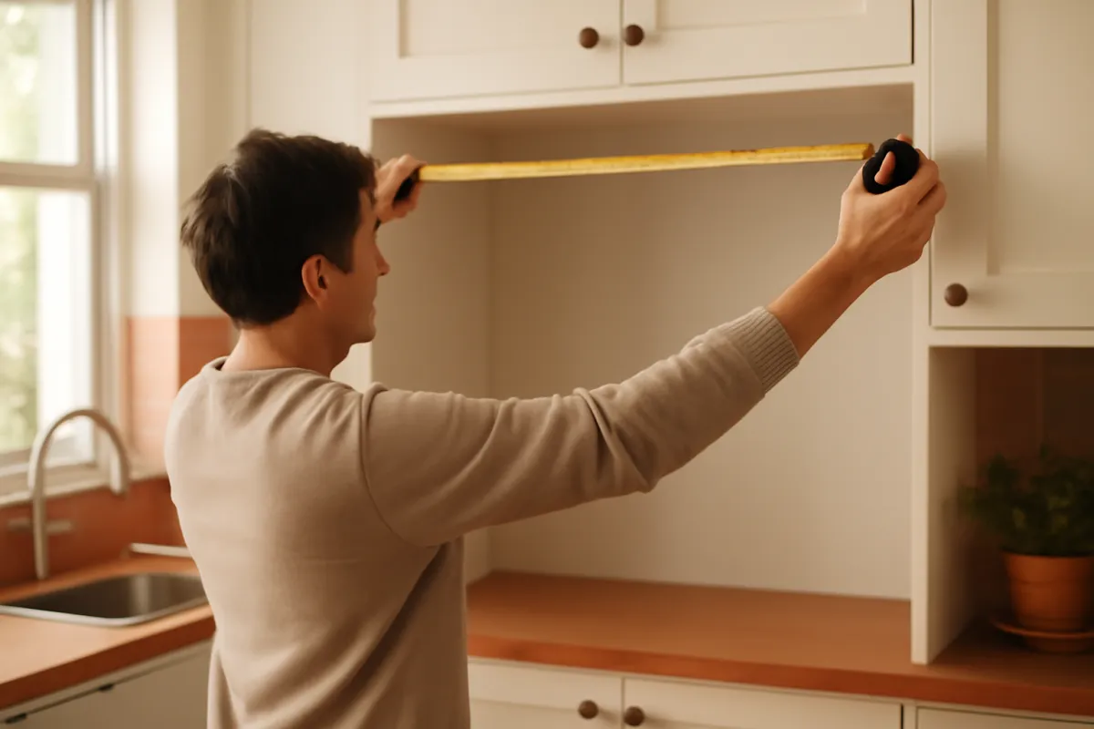 A person measuring a kitchen alcove with a tape measure to check that a new appliance will fit the household