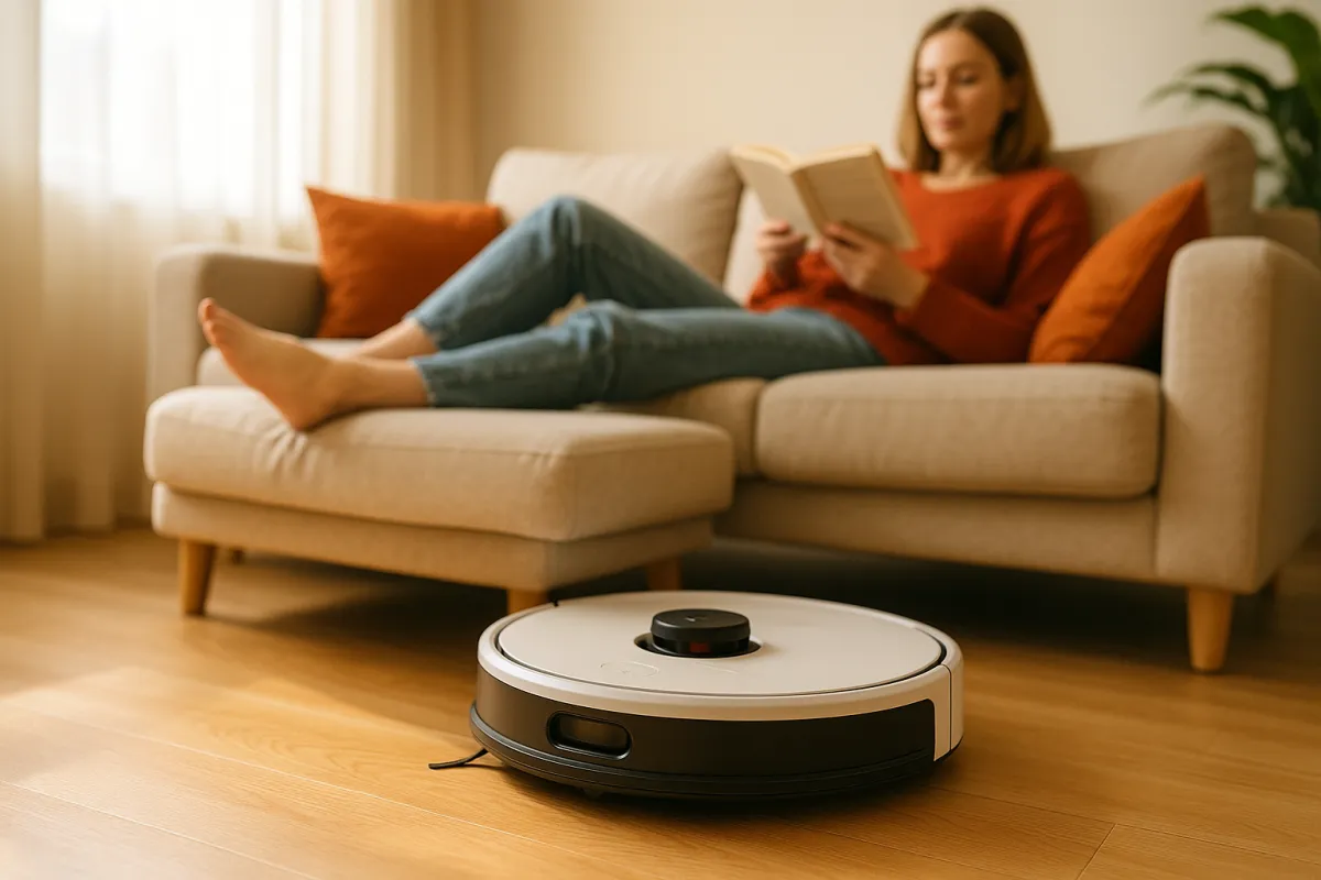A robot vacuum working across the open floor in front of a sofa while a person reads on the couch