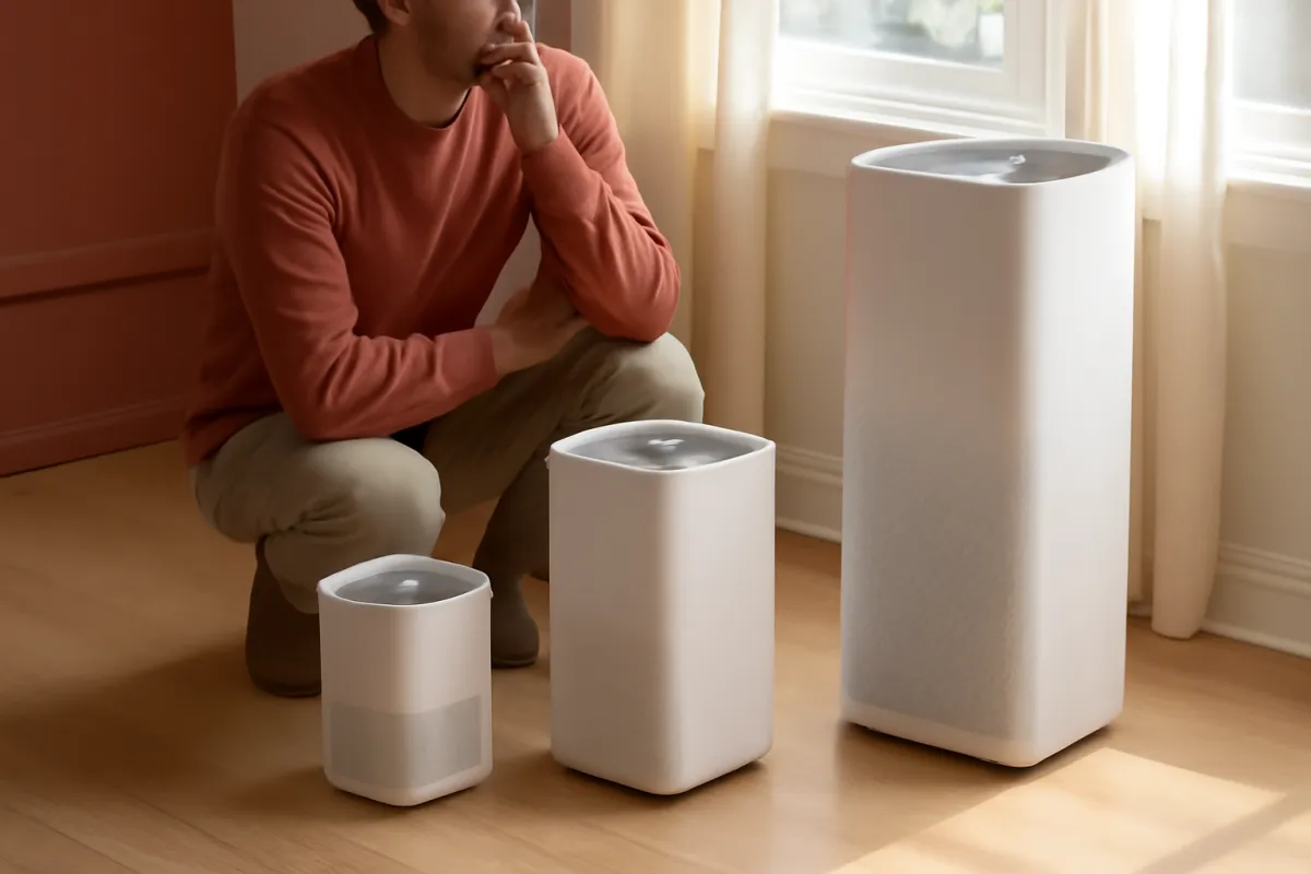 Three air purifiers of different sizes on a light wood floor by a sunlit window, from a small desktop unit to a tall large-room machine
