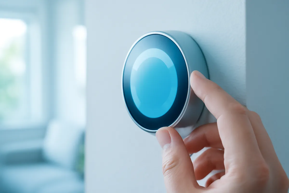 A hand adjusting a round wall thermostat in a bright home, cool blue daylight