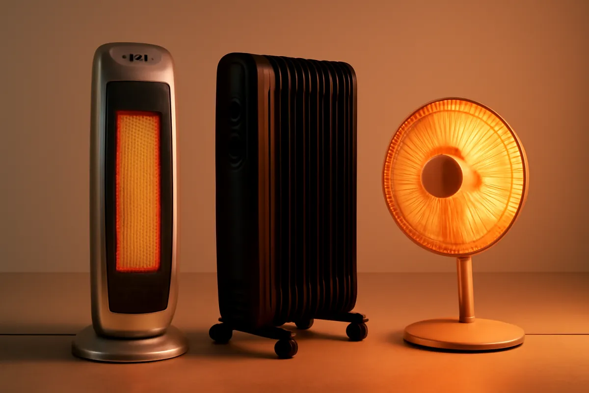 A ceramic tower heater, a black oil-filled column radiator, and a round infrared quartz heater lined up on a floor