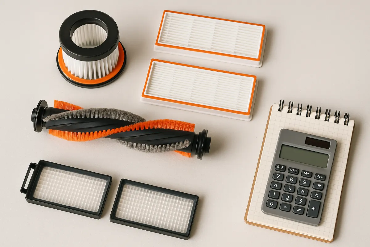 Vacuum replacement filters, a brush roll, and a notebook with a calculator laid out