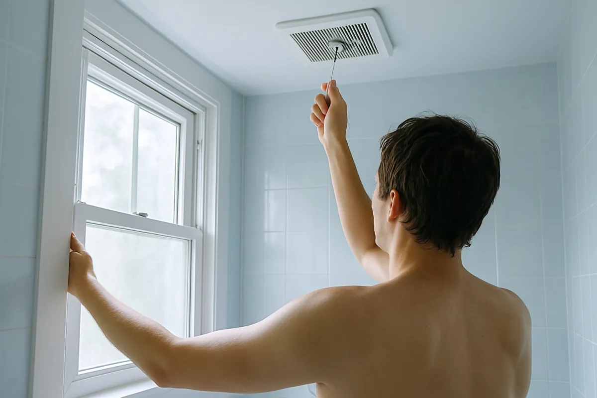 A person opening a window and switching on a ceiling exhaust fan to clear steam in a bright airy room