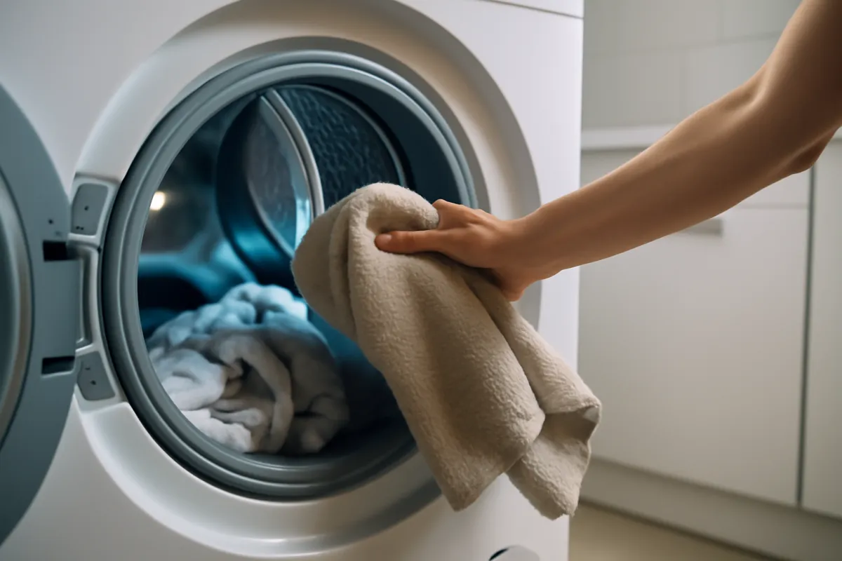 A hand pulling a beige towel from the open drum of a front-load washing machine holding laundry