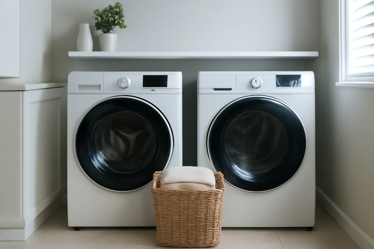 A matching white front-load washer and dryer side by side in a laundry room with a wicker basket in front