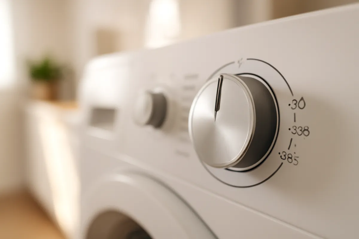 A close view of a washing machine control dial set among temperature options, with a bright cool-toned laundry room softly blurred behind
