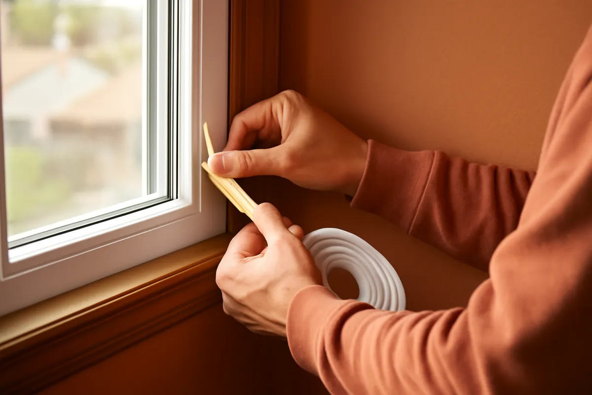 A person applying adhesive weatherstripping foam tape around a window frame at home to seal drafts in natural daylight