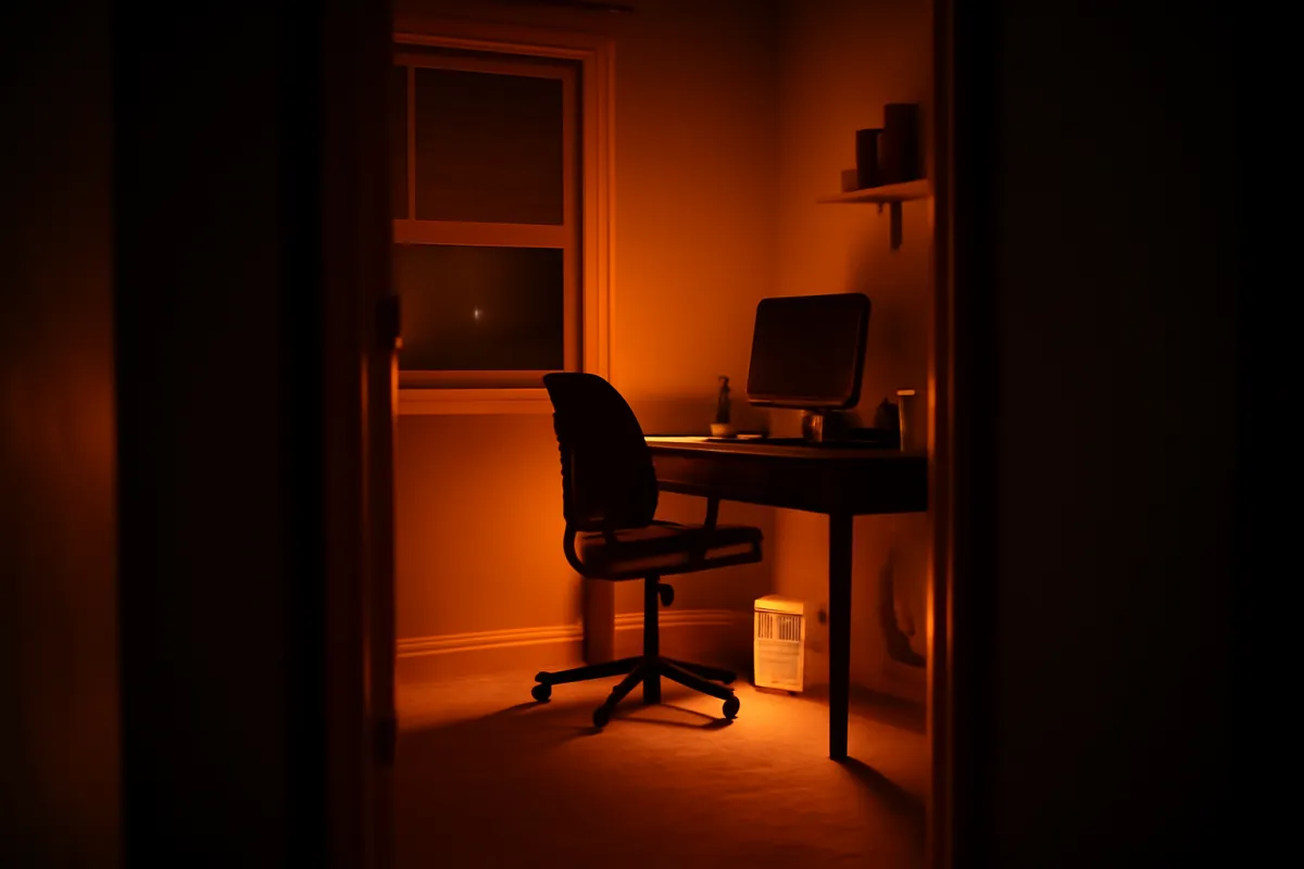 A single closed home office warmed by a space heater under a desk while the rest of a dim house stays unheated