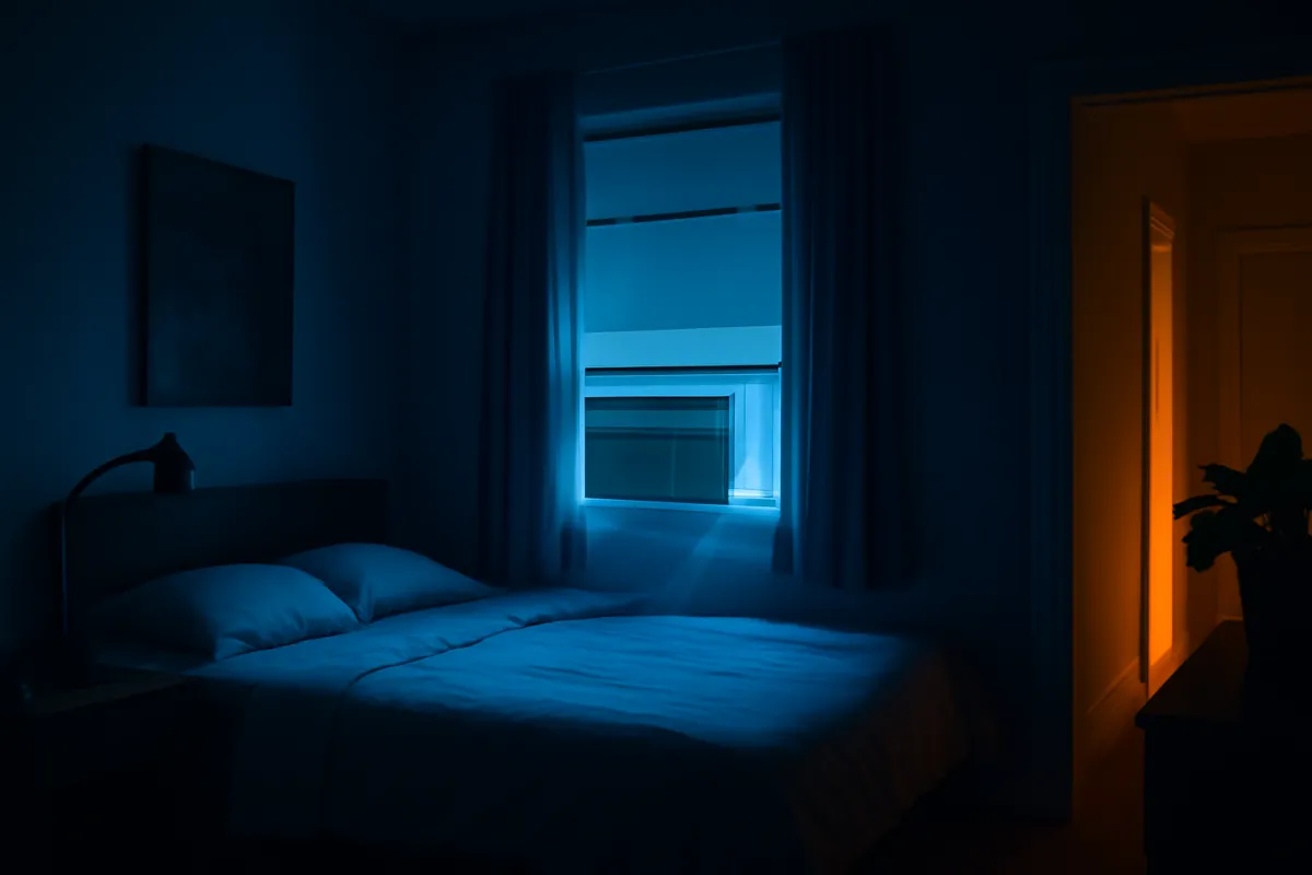 A single cool bedroom with a window air conditioner running while the rest of a dim warm house stays uncooled