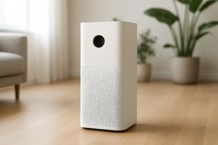 A sleek modern air purifier in a bright minimalist living room