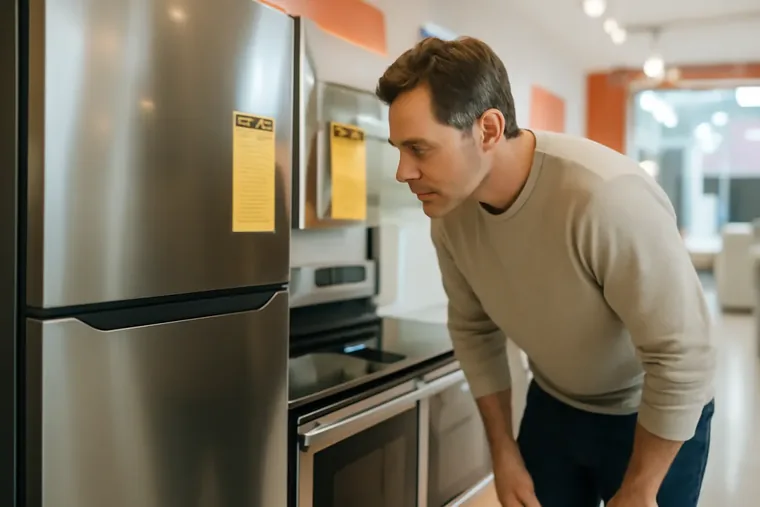 A shopper in a bright appliance store leaning in to compare the yellow energy labels on two large kitchen appliances