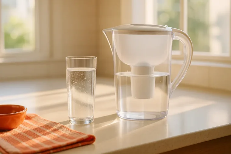 A glass of clear water beside a water filter pitcher on a bright kitchen counter