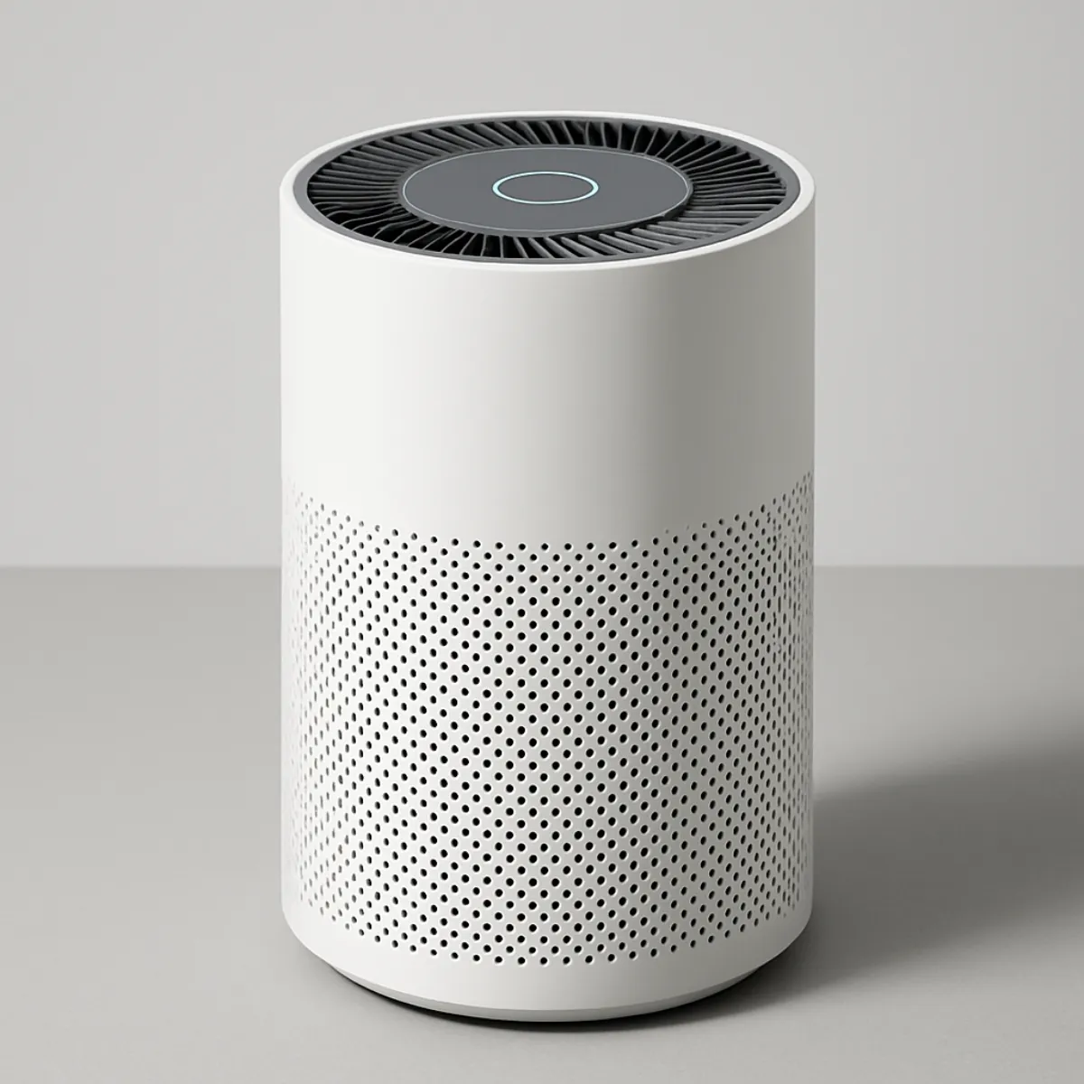 A white cylindrical home air purifier on a plain surface, the type that houses a true HEPA filter