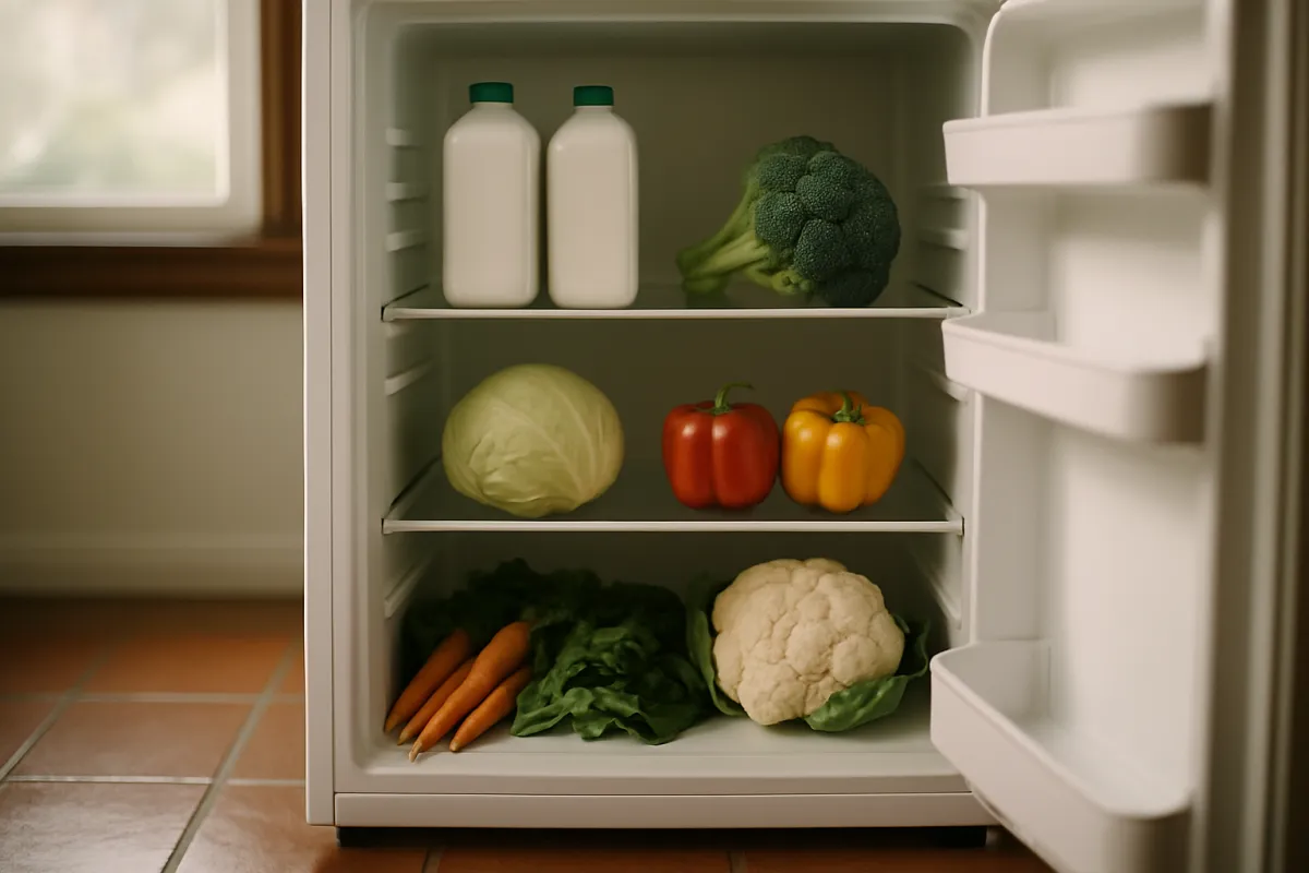 The inside of an open white refrigerator holding two capped white bottles, broccoli, a cabbage, red and yellow peppers, carrots, leafy greens and a cauliflower, with a terracotta tiled floor beside it