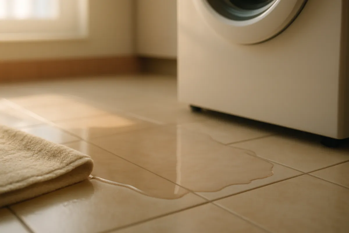 A shallow puddle of clear water spreading across a tiled laundry room floor beside the base of a white front-loading washing machine