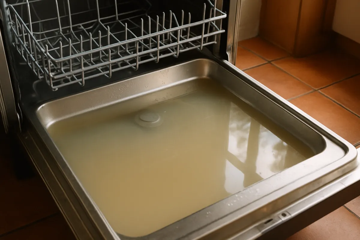 A shallow pool of cloudy water sitting in the stainless steel floor of an open dishwasher, with the lower rack lifted out and terracotta tiles beside it